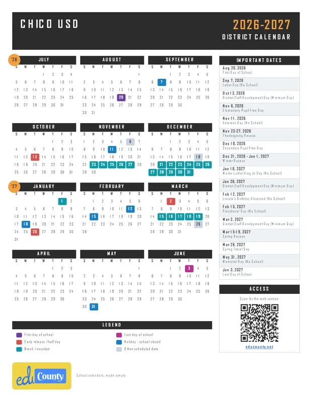 Chico Unified School District USD printable 2026-27 calendar