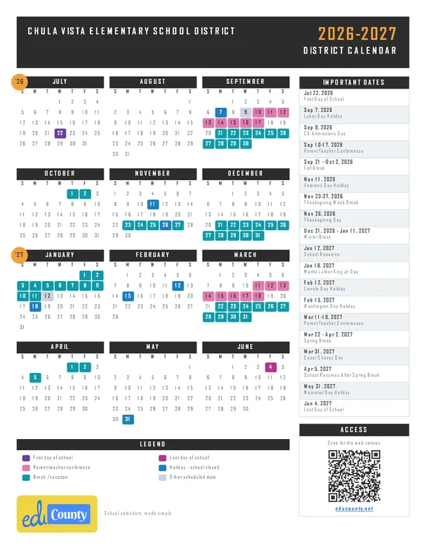 Chula Vista Elementary School District printable 2026-27 calendar