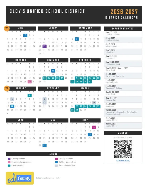 Clovis Unified School District printable 2026-27 calendar
