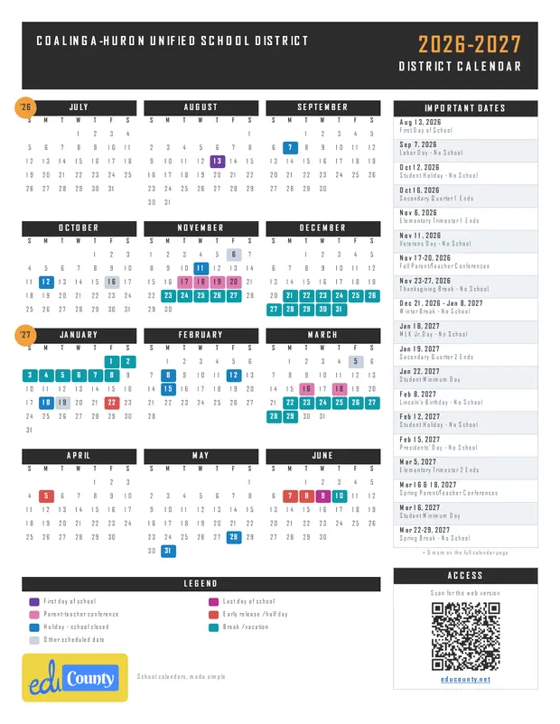 Coalinga-Huron Unified School District CHUSD printable 2026-27 calendar