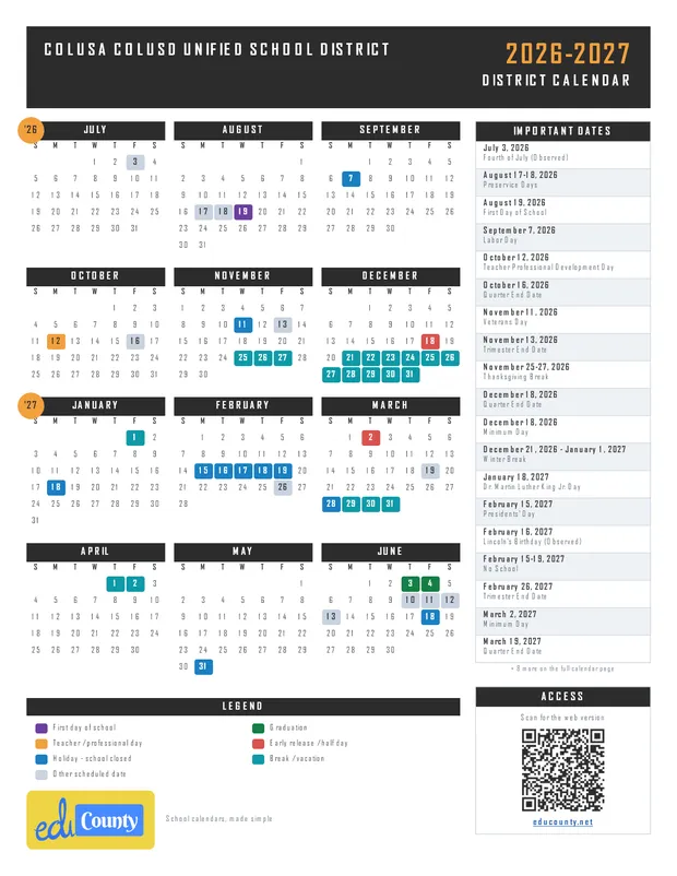 Colusa COLUSD Unified School District printable 2026-27 calendar