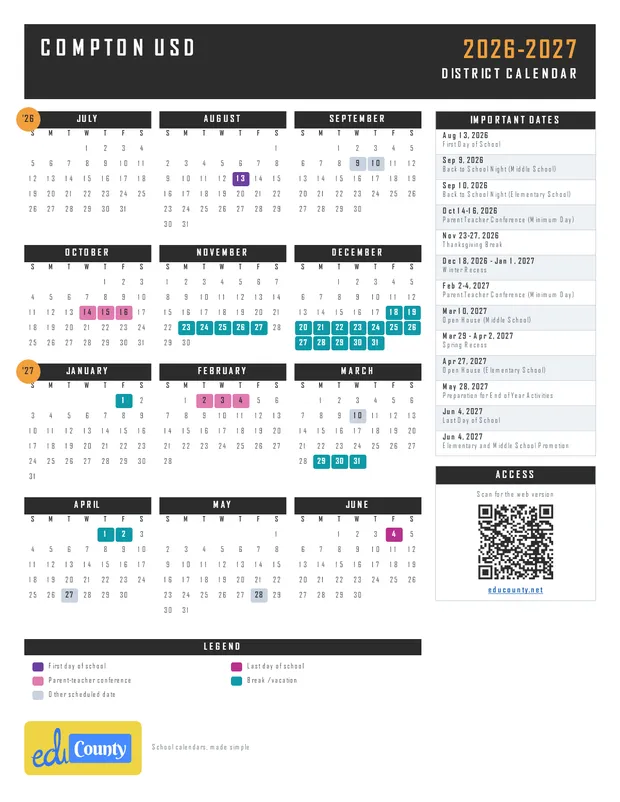 Compton USD Unified School District printable 2026-27 calendar