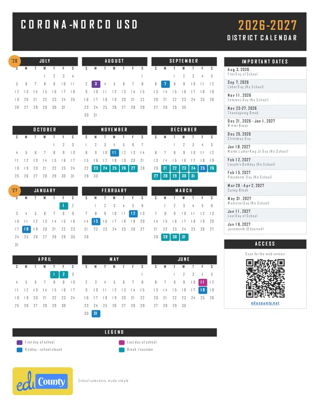 Corona-Norco USD printable 2026-27 calendar