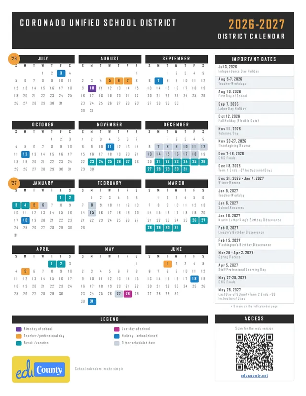 Coronado Unified School District printable 2026-27 calendar