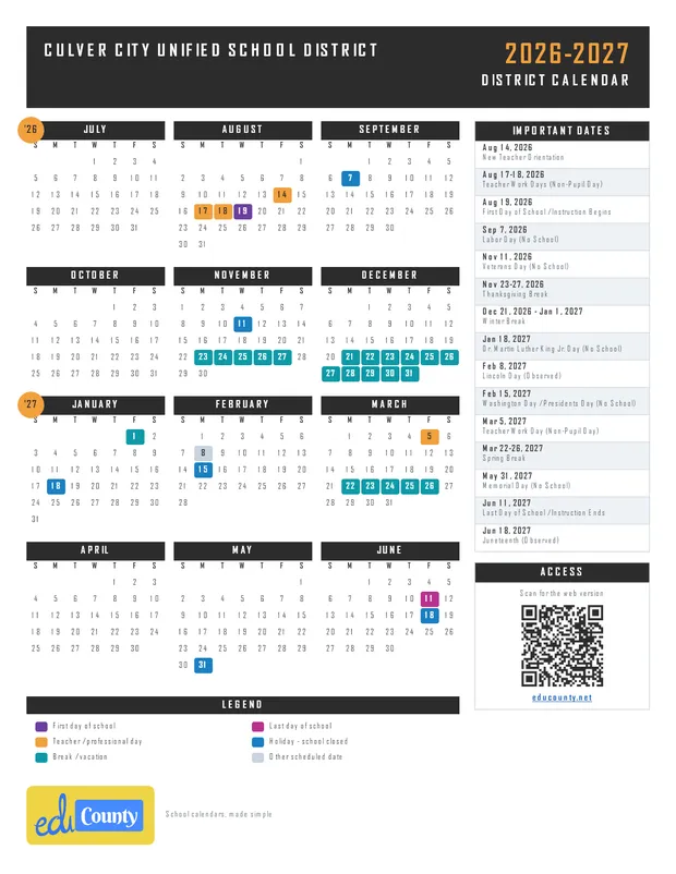 Culver City Unified School District printable 2026-27 calendar