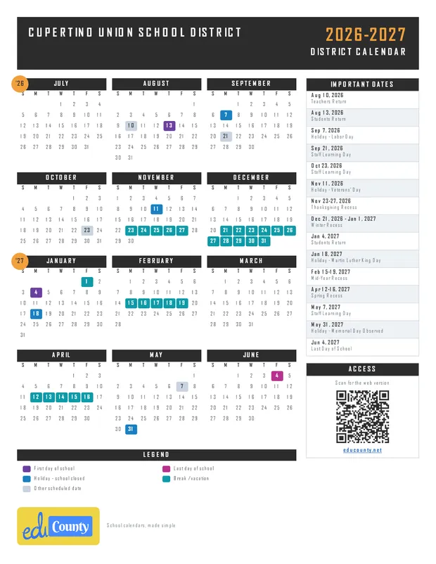 Cupertino Union School District printable 2026-27 calendar