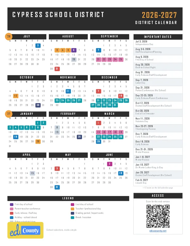 Cypress School District printable 2026-27 calendar