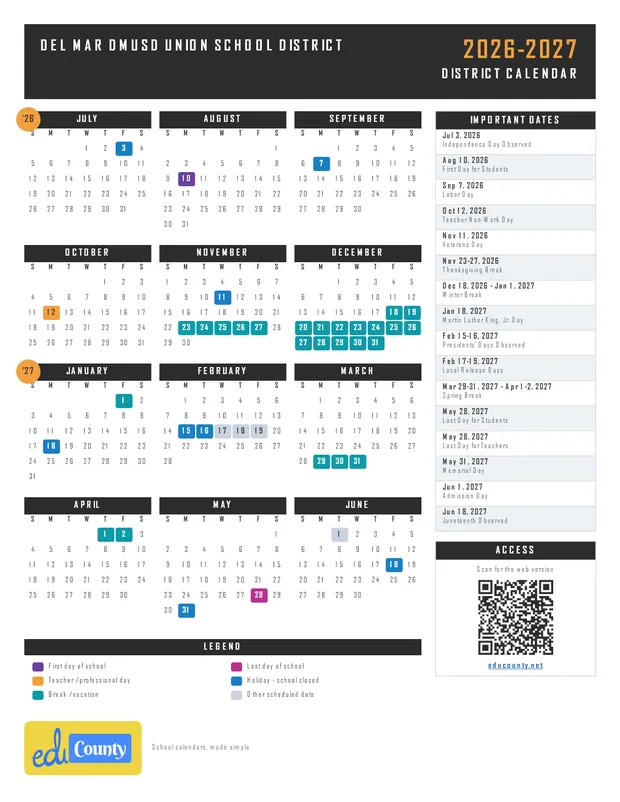 Del Mar DMUSD Union School District printable 2026-27 calendar
