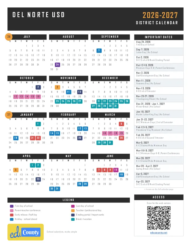 Del Norte Unified School District USD printable 2026-27 calendar