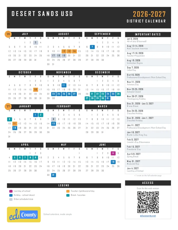 Desert Sands USD printable 2026-27 calendar