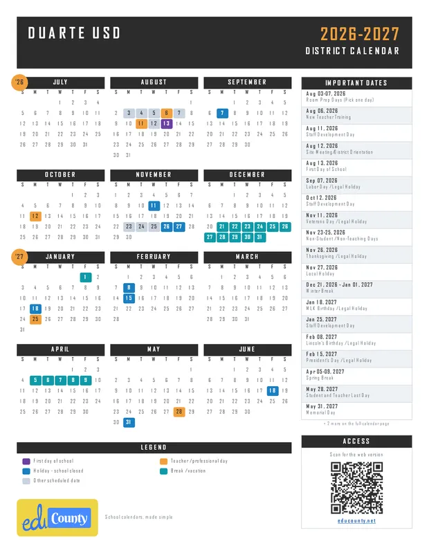 Duarte USD Unified School District printable 2026-27 calendar