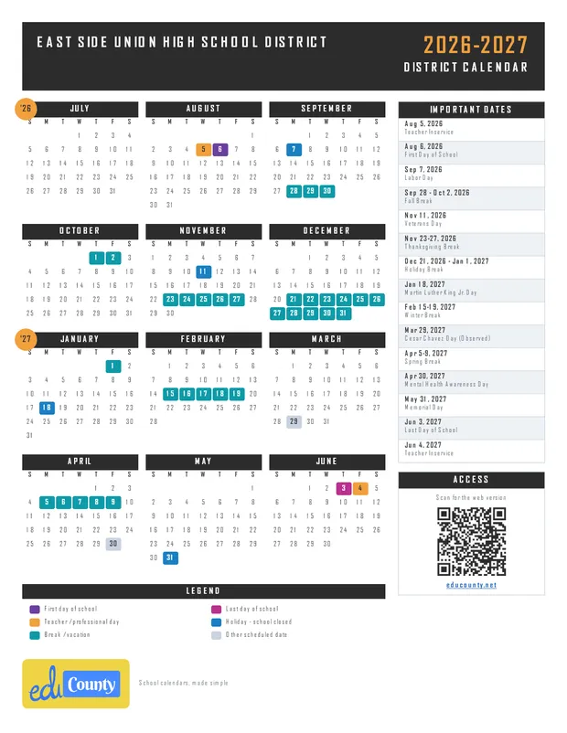 East Side Union High School District printable 2026-27 calendar