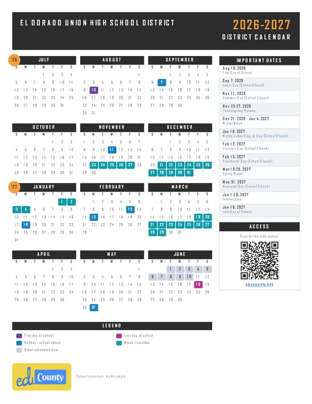 EL DORADO UNION HIGH SCHOOL DISTRICT printable 2026-27 calendar