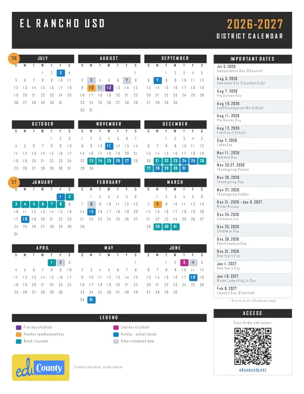 El Rancho USD Unified School District printable 2026-27 calendar