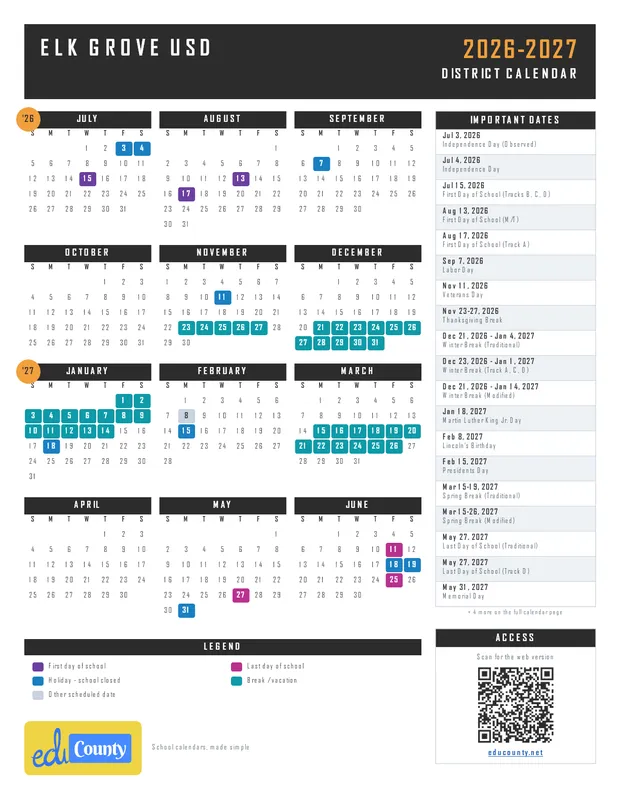 Elk Grove Unified School District USD printable 2026-27 calendar