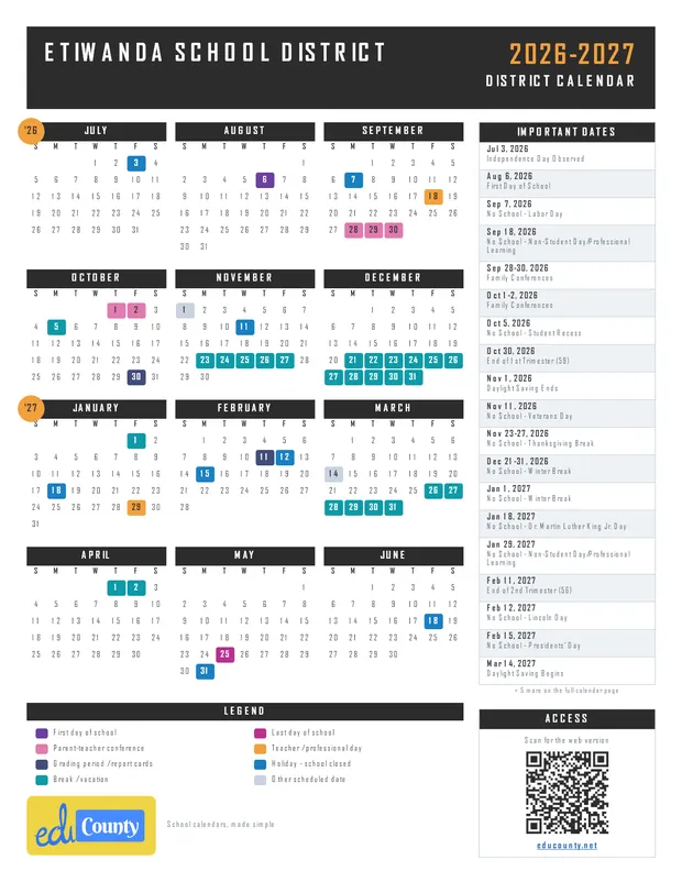 Etiwanda School District printable 2026-27 calendar