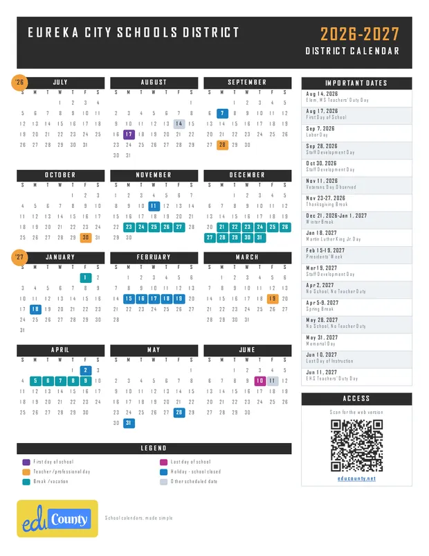 Eureka City Schools District printable 2026-27 calendar