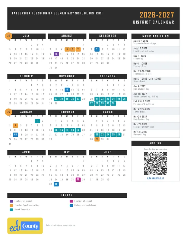 Fallbrook FUESD Union Elementary School District printable 2026-27 calendar