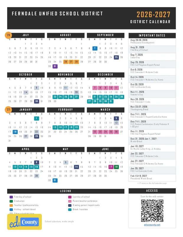 Ferndale Unified School District printable 2026-27 calendar