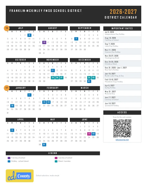 Franklin-McKinley FMSD School District printable 2026-27 calendar