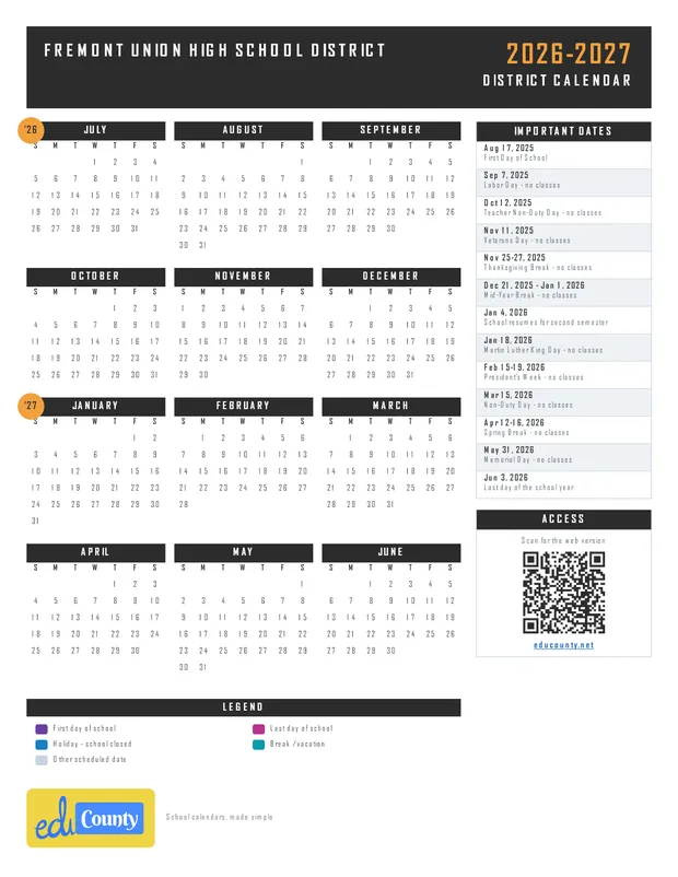Fremont Union High School District printable 2026-27 calendar