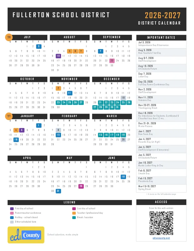 Fullerton School District printable 2026-27 calendar