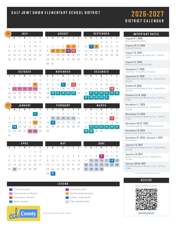 Galt Joint Union Elementary School District printable 2026-27 calendar