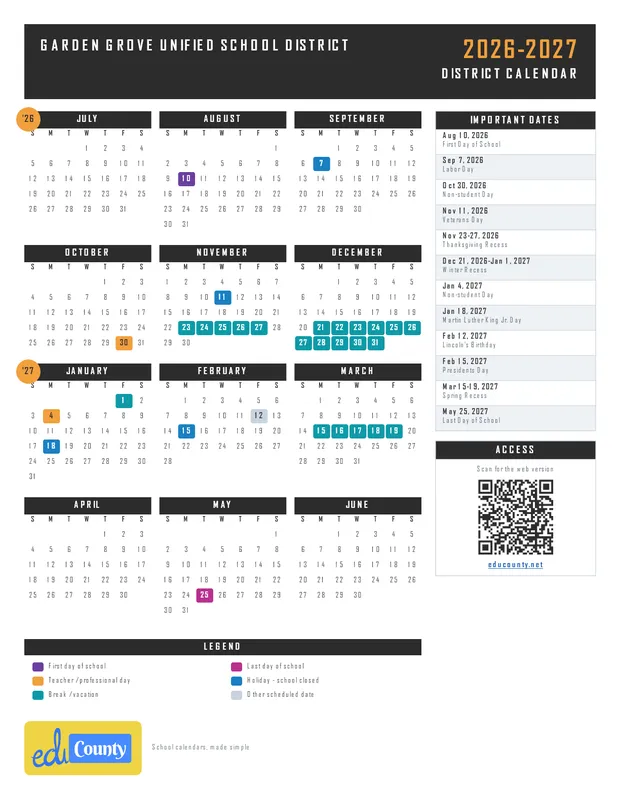 Garden Grove Unified School District printable 2026-27 calendar
