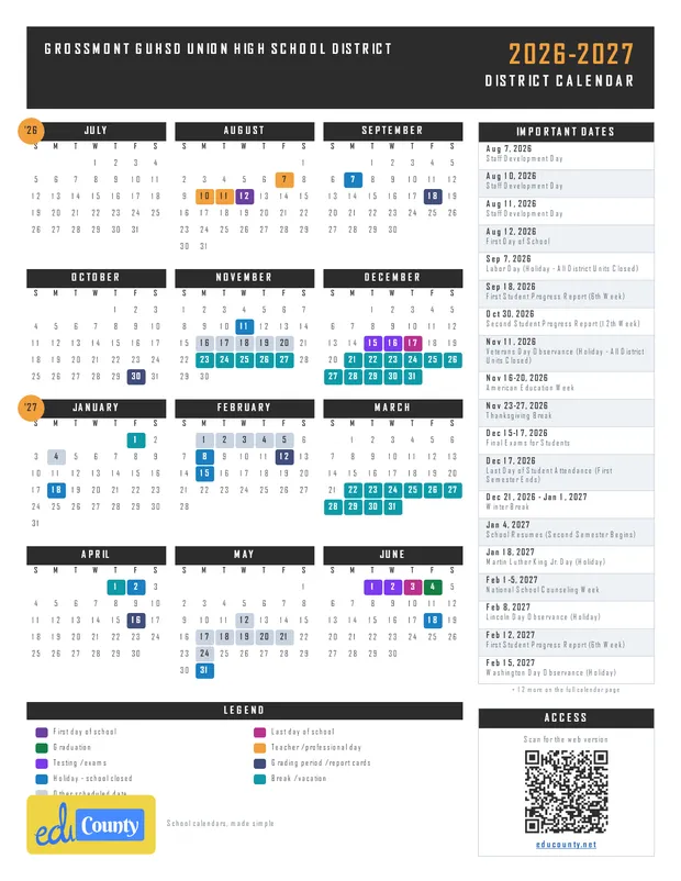 Grossmont GUHSD Union High School District printable 2026-27 calendar