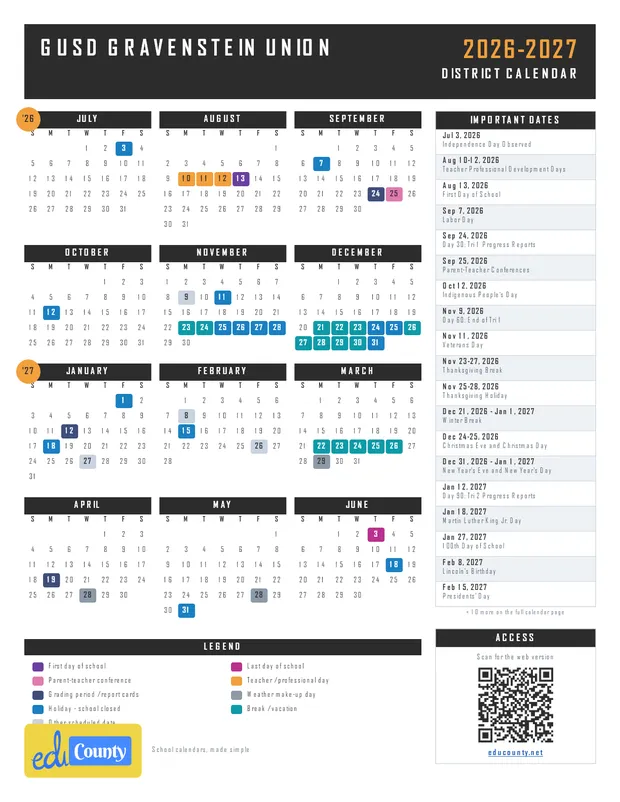 GUSD Gravenstein union printable 2026-27 calendar