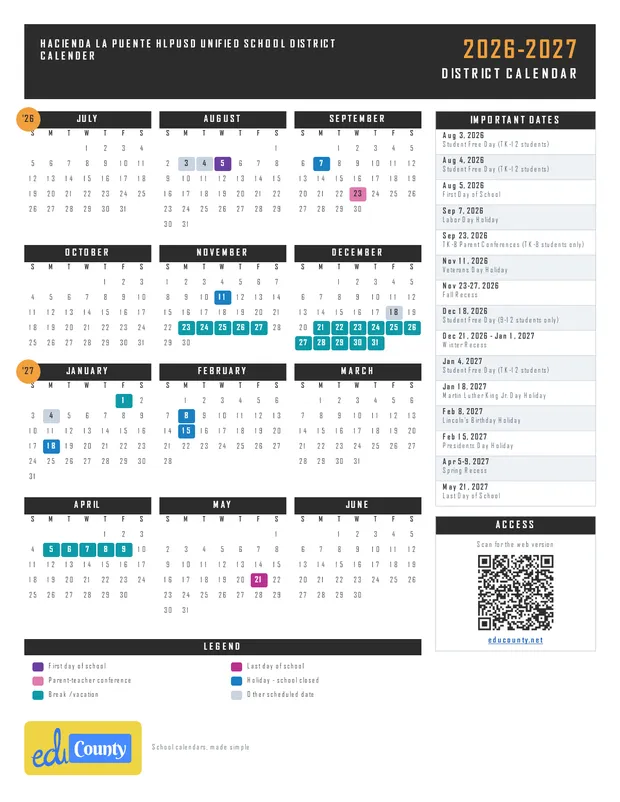 Hacienda La Puente hlpusd Unified School District Calender printable 2026-27 calendar