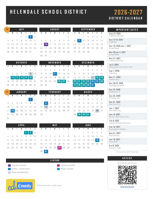 Helendale School District printable 2026-27 calendar