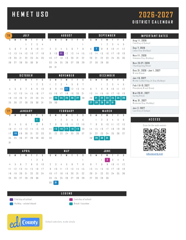 Hemet USD printable 2026-27 calendar