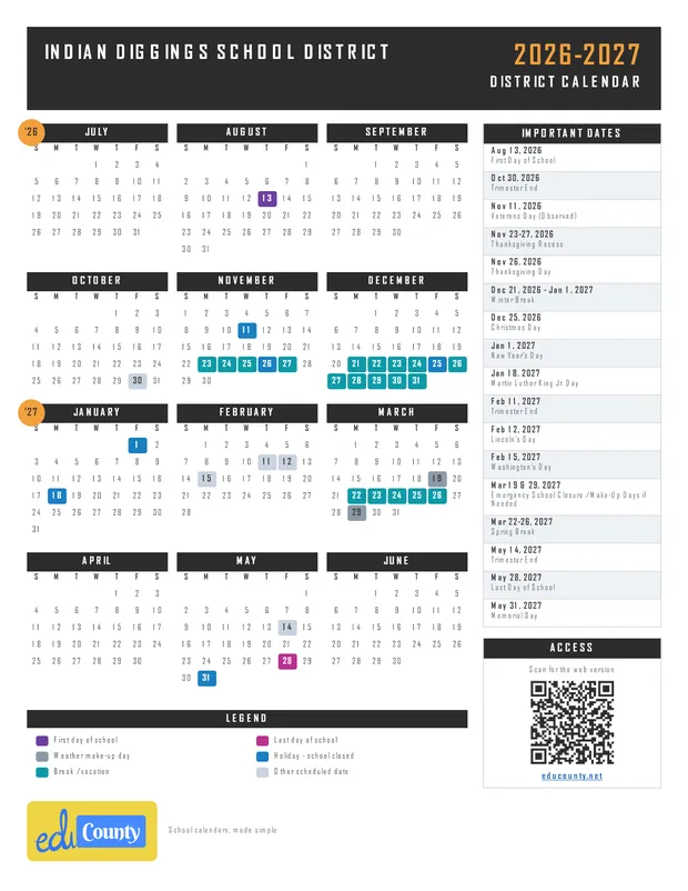 Indian Diggings School District printable 2026-27 calendar