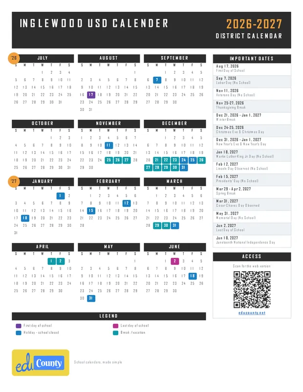 Inglewood USD Calender printable 2026-27 calendar
