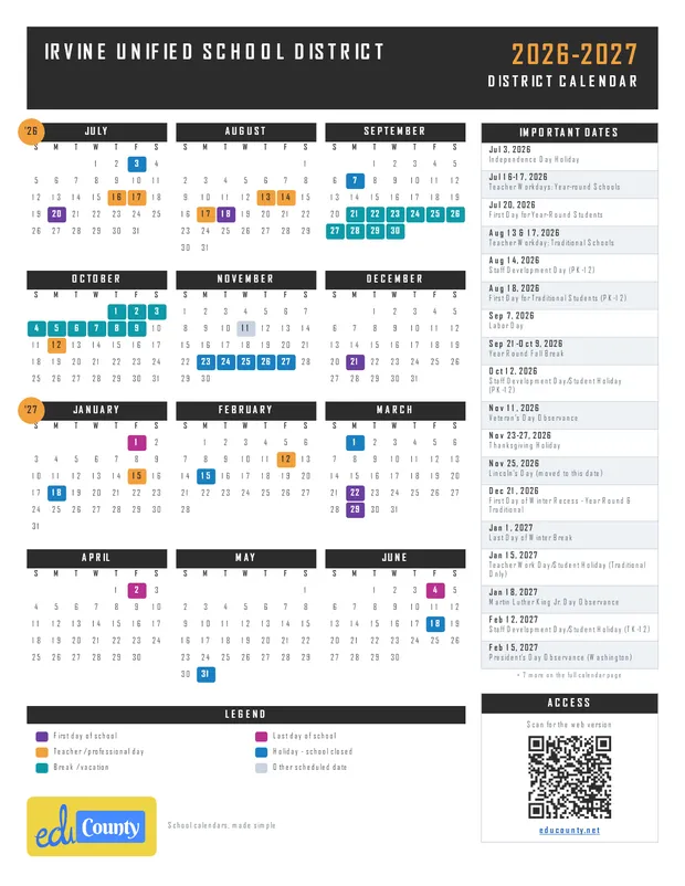 Irvine Unified School District IUSD printable 2026-27 calendar