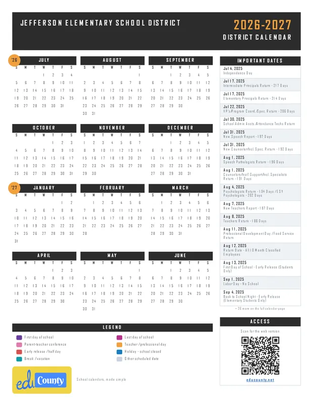 Jefferson Elementary School District printable 2026-27 calendar