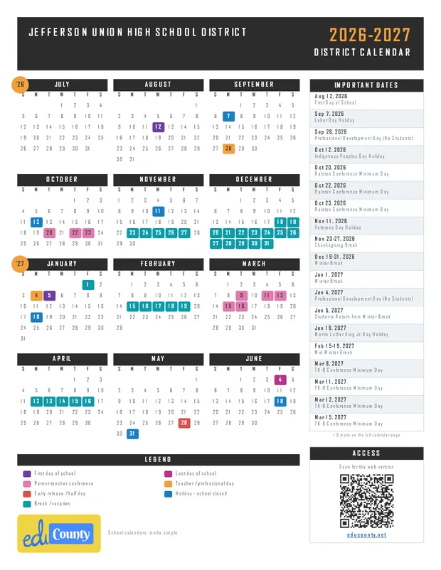 Jefferson Union High School District JUHSD printable 2026-27 calendar