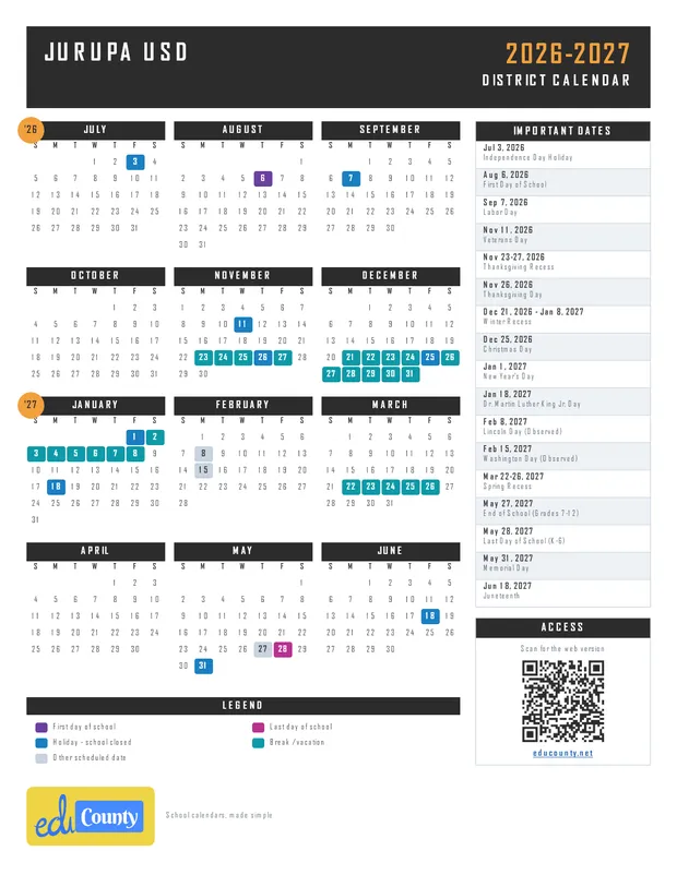 Jurupa Unified School District USD printable 2026-27 calendar