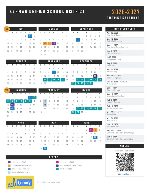 Kerman Unified School District printable 2026-27 calendar