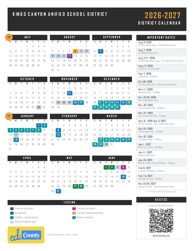 Kings Canyon Unified School District KCUSD printable 2026-27 calendar