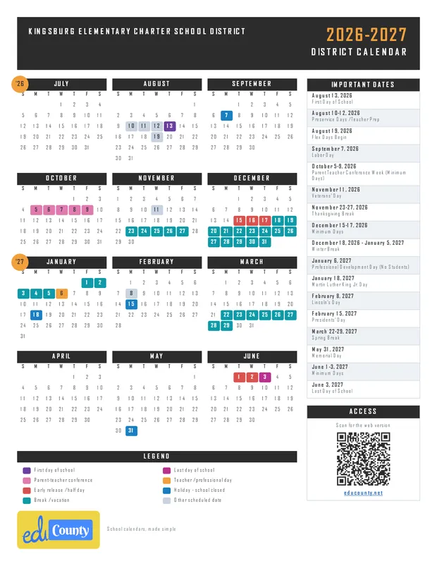 Kingsburg Elementary Charter School District printable 2026-27 calendar