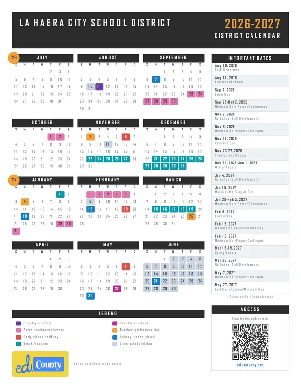 La Habra City School District printable 2026-27 calendar
