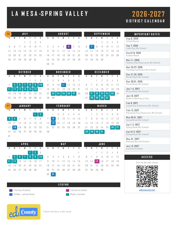 LA MESA-SPRING VALLEY LMSV printable 2026-27 calendar
