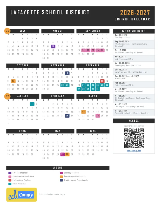 Lafayette School District printable 2026-27 calendar