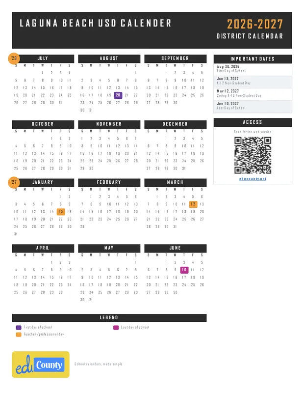 Laguna Beach USD Calender printable 2026-27 calendar