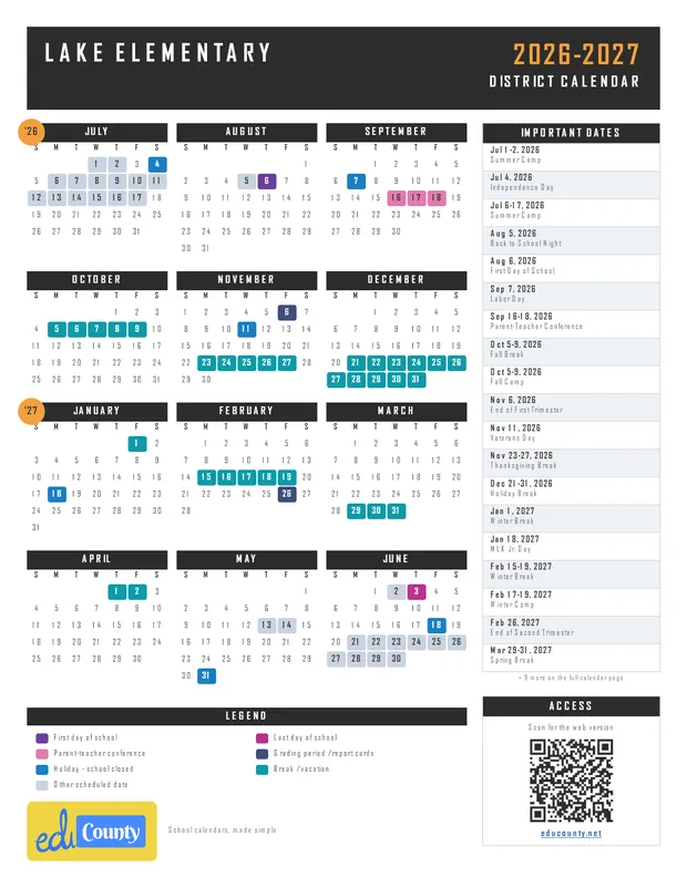 Lake Elementary printable 2026-27 calendar