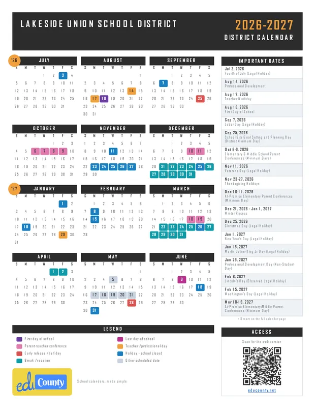 Lakeside Union School District printable 2026-27 calendar
