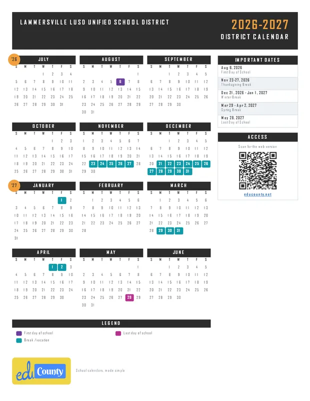 Lammersville LUSD Unified School District printable 2026-27 calendar