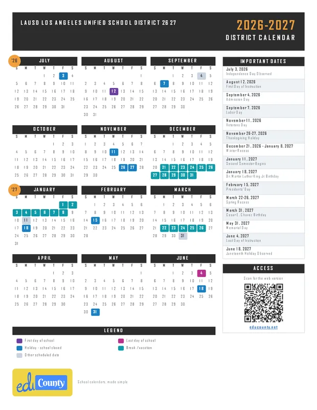 LAUSD Los Angeles Unified school district 26 27 printable 2026-27 calendar